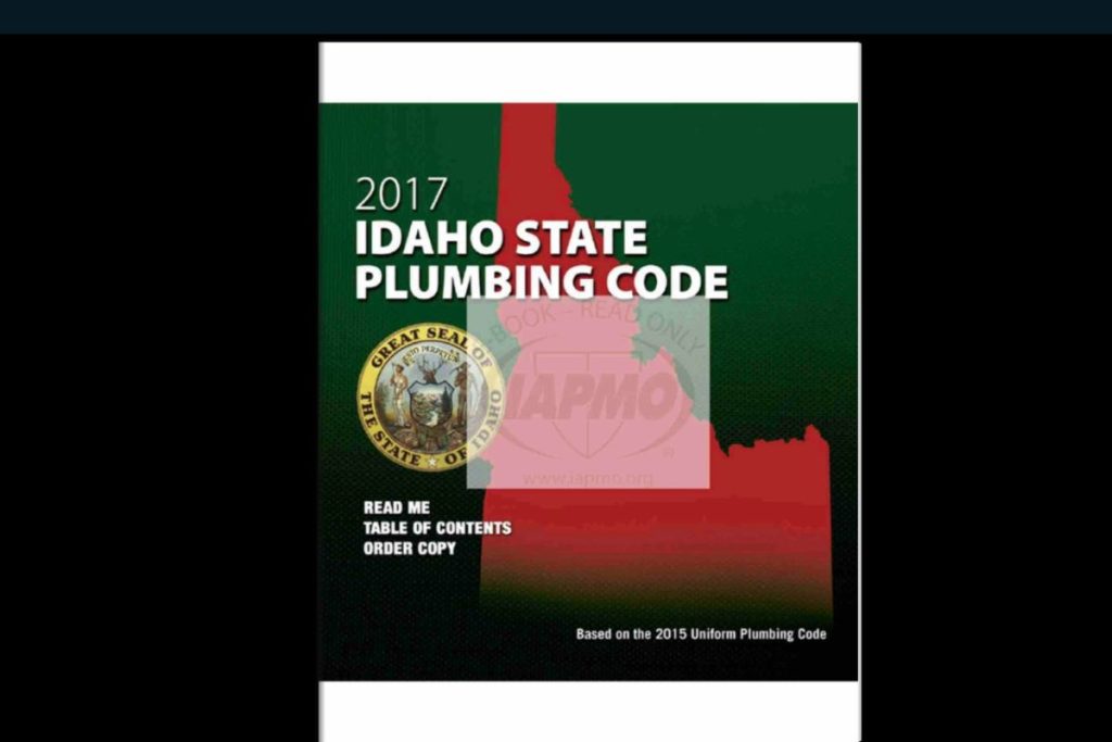 Cover of the 2017 Idaho State Plumbing Code featuring the Great Seal of Idaho, a red silhouette of the state, and IAPMO watermark, based on the 2015 Uniform Plumbing Code