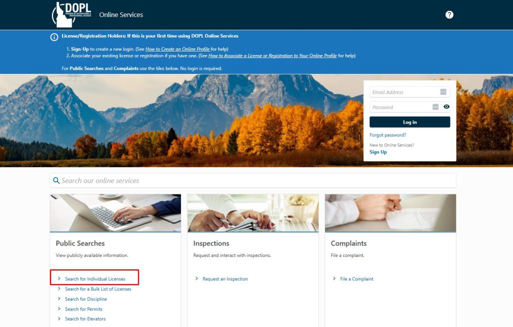 Idaho’s Division of Occupational and Professional Licenses (DOPL) online services portal, highlighting the ‘Search for Individual Licenses’ option for public license verification